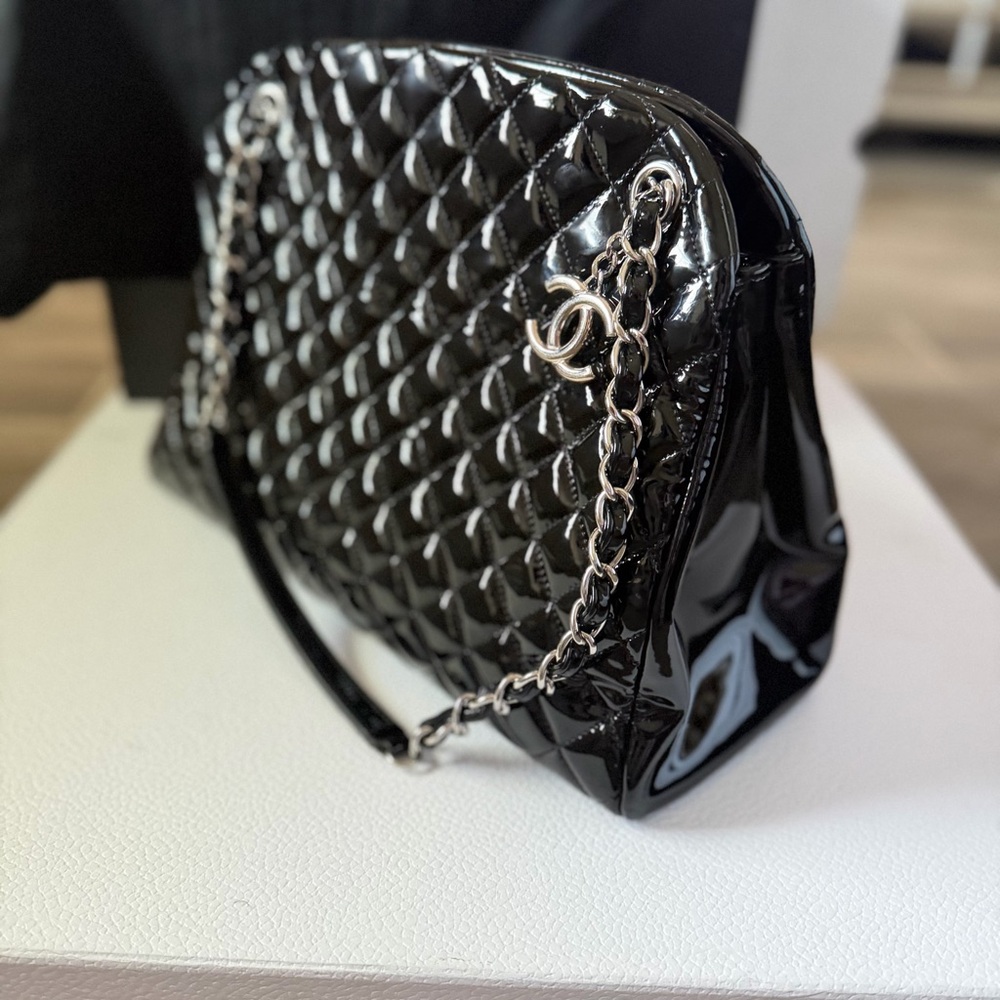 CHANEL Black Quilted Patent Leather Just Mademoiselle Bag (Excellent)